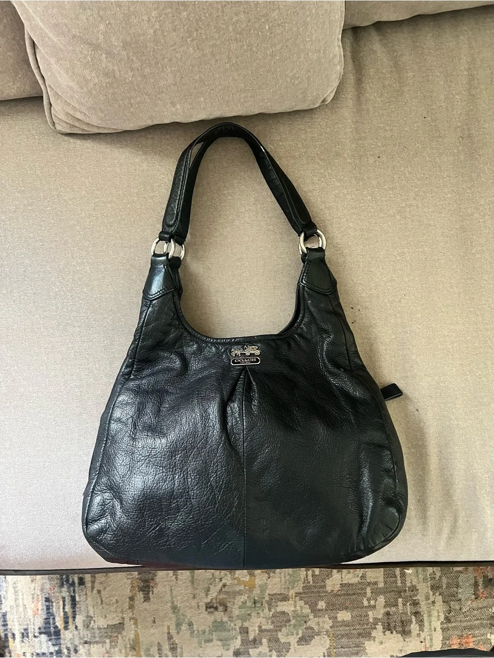 Coach Black Leather Hobo Shoulder Bag with Silver Hardware
